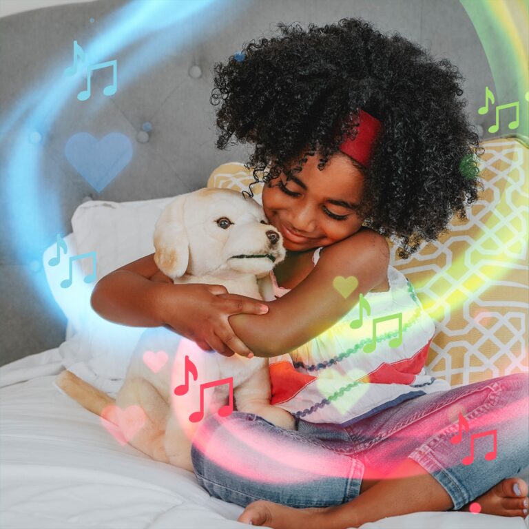 Adorable young girl with curly hair hugging a plush dog toy while sitting on a bed, surrounded by colorful music notes, hearts, and glowing effects. The image conveys warmth, joy, and the comforting power of connection through music and play.