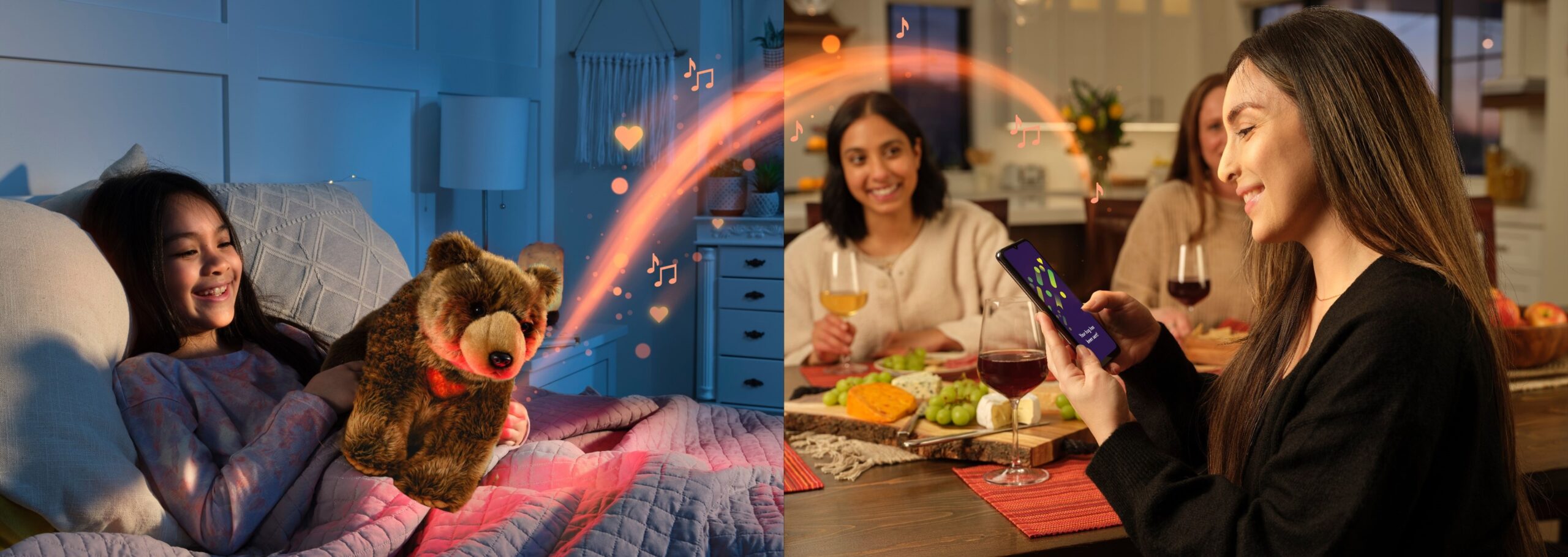 Two connected moments of joy: A young girl lies in bed, hugging a plush teddy bear that lights up with a warm heart, creating a cozy bedtime atmosphere with glowing musical notes around her. Meanwhile, in a lively dining room, a woman smiles while using a mobile app to send music and love to the teddy bear, surrounded by friends enjoying wine, cheese, and laughter. A perfect blend of technology and human connection.